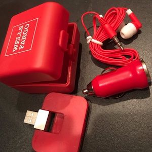Wells Fargo access.:USB hub, earbuds & car charger